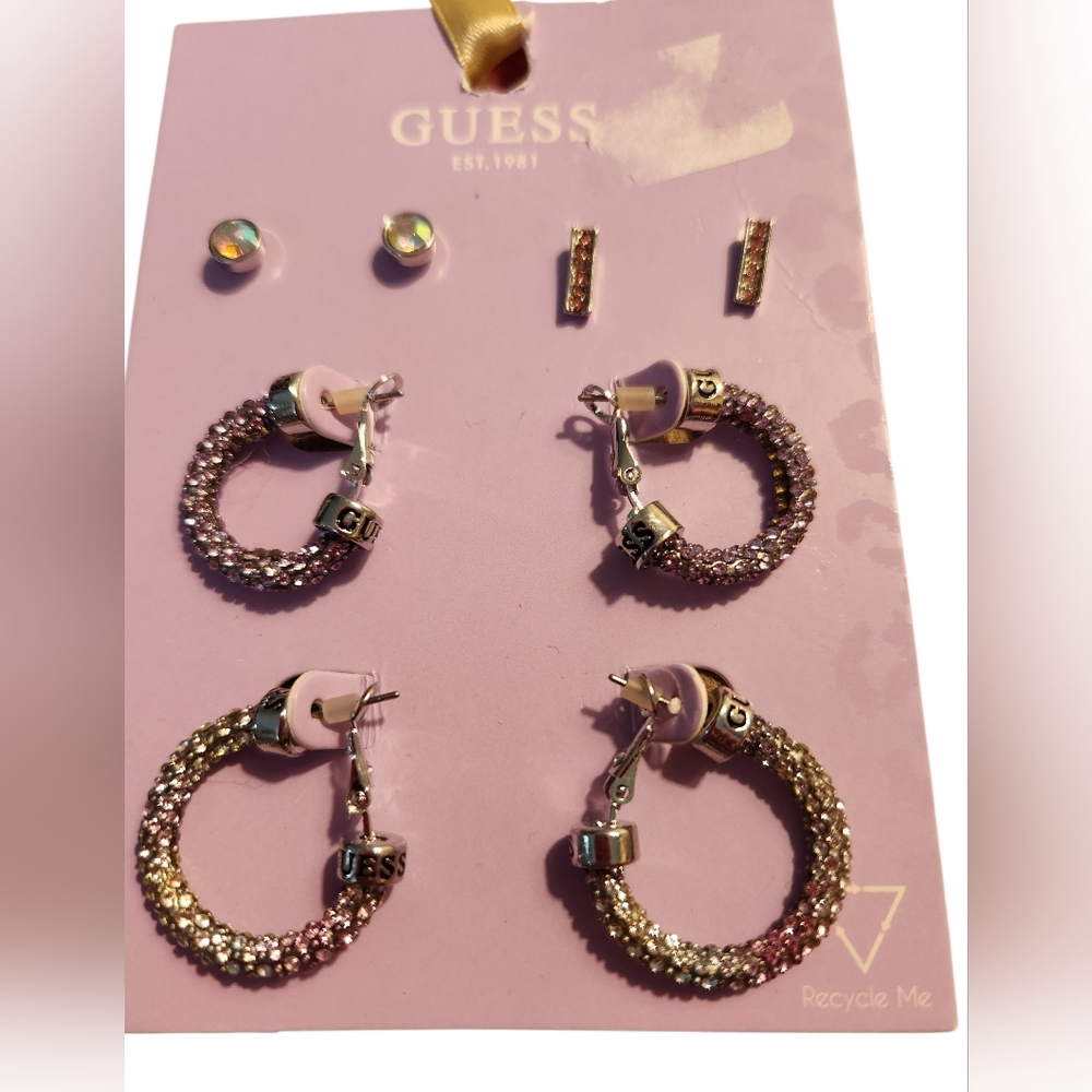 GUESS Silver and Pink Earring Set☆sparkly Stones